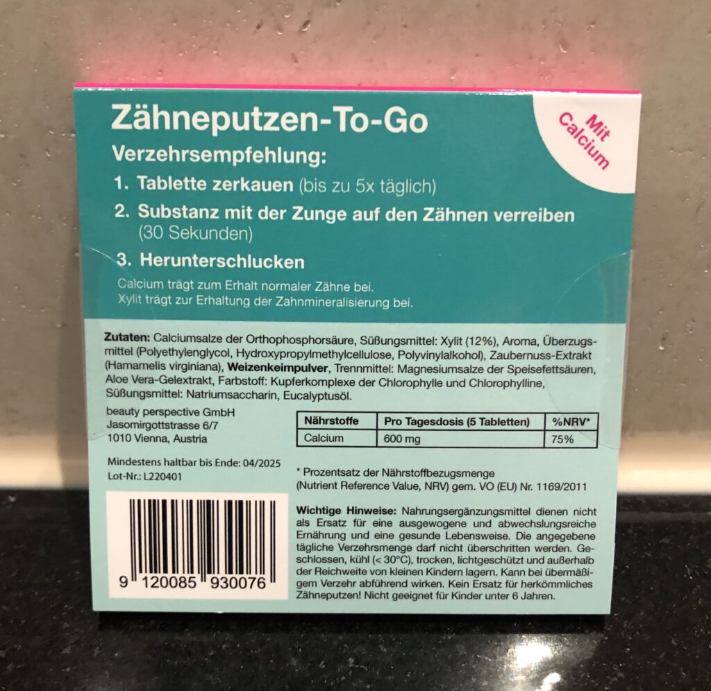 Dentasprint Zahnpflege Kautabletten - Verpackungsrückseite